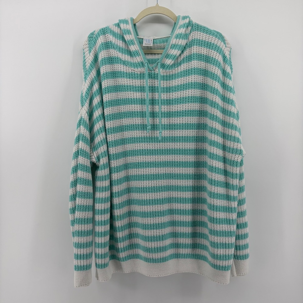 Time and Tru Striped Hoodie Sweater Turquoise White Lightweight Casual Womens XL